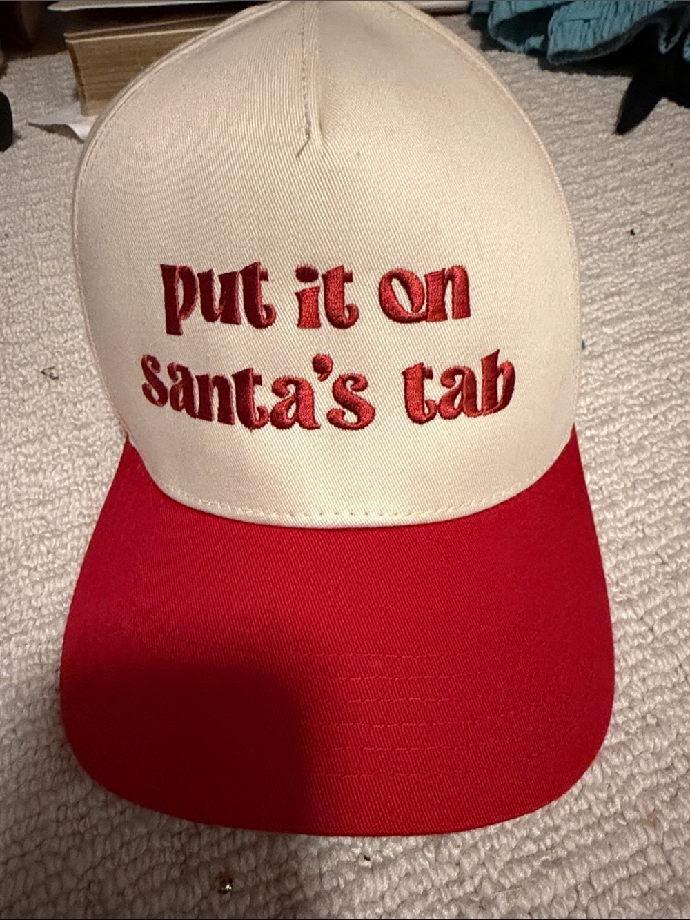 Put It On Santa's Tab Red & Cream Trucker Hat